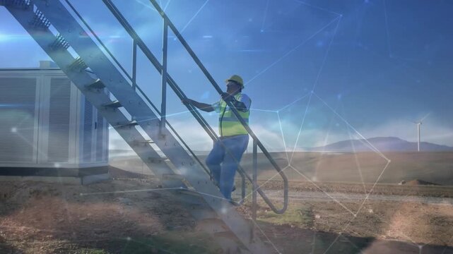 Animation of network of connections over windmill worker