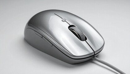 A sleek wireless computer mouse with a metallic silver finish, central scroll wheel, two main buttons, and two side buttons, placed on a wooden surface, highlighting ergonomic and modern tech design.