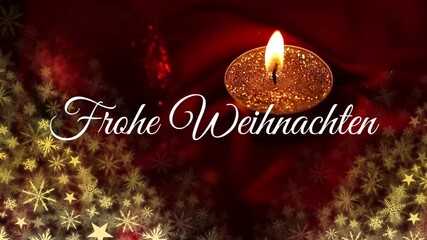 Animation of frohe weihnachten christmas greetings text over snowflakes and candle
