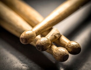 Four wooden drumsticks rest closely together with blurry focus. Dark, textured background. Warm lighting