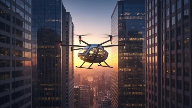Futuristic eVTOL flying between skyscrapers at sunset, urban air mobility concept