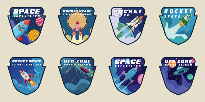 set of rocket space emblem logo vector illustration template icon graphic design . bundle collection of various Galaxy Exploration Shields and Cosmic Mission sign or symbol for technology astrology