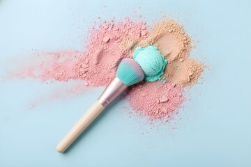 Makeup brush lies on colorful powder piles on blue surface with Lifestyle, People, Beauty, Industry, and Culture elements.