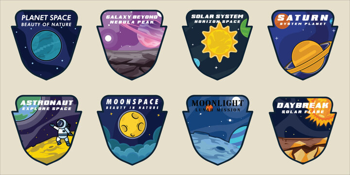 Set of Space Expedition emblem logo vector illustration template icon graphic design . bundle collection of various Galaxy Adventure Shields sign or symbol for Mission Patches