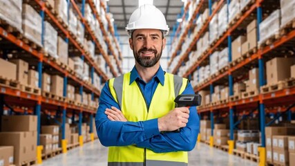 Confident Warehouse Worker in Safety Gear Holding Barcode Scanner - Powered by Adobe