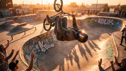 BMX Rider Performing a Stunning Aerial Trick at Sunset in Urban Skate Park with Graffiti Art