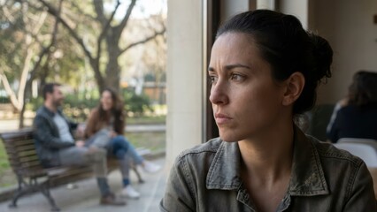 Reflection of Emotion in a Pensive Woman Watching a Happy Couple in a Park Setting