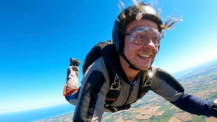 Exhilarating Skydiver Enjoying Free Fall in Clear Blue Sky Over Scenic Landscape