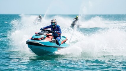 Thrilling Jet Ski Adventure on a Vibrant Blue Ocean with Spray and Speed Enthusiasts
