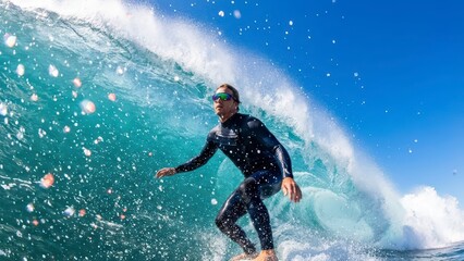 Surfer Riding a Wave in Crystal Clear Ocean Water Under Bright Blue Sky
