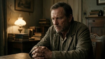 Thoughtful man in simple room surrounded by books, reflecting on past decisions and life challenges