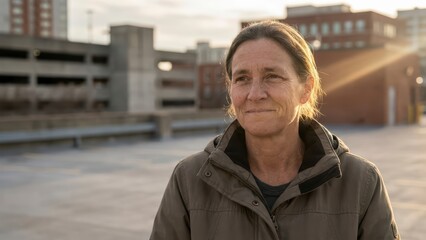 Woman with thoughtful expression standing outdoors in urban setting during golden hour