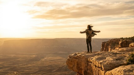 Individual on Rocky Outcrop Embracing Scenic Sunset Over Vast Canyon Landscape
