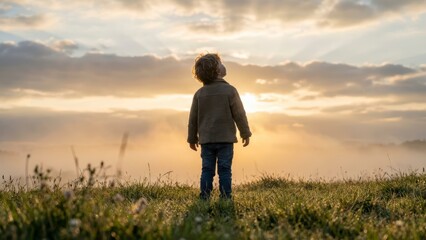 Child Gazing at Beautiful Sunrise Over Misty Landscape with Soft Clouds in the Sky