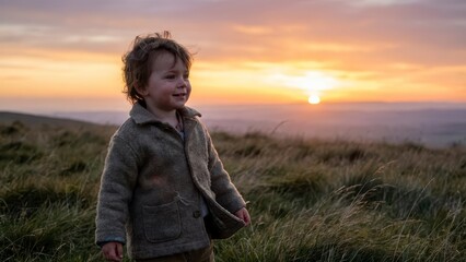 Child Smiling on a Landscape During Sunset with a Beautiful Sky and Grass in the Foreground
