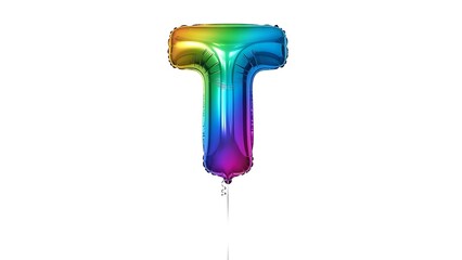 A rainbow colored letter t shaped helium balloon isolated on white background floating in the air with a shiny reflective surface