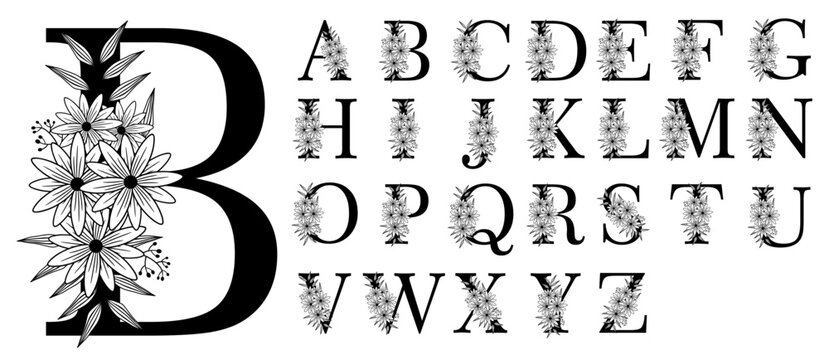 Flowers Alphabet Monogram Letters, Font Botanical Vector design set