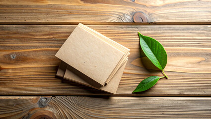 Eco friendly branding mockup with recycled paper cards and natural wood background