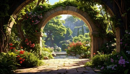 Fototapeta premium Lush garden viewed through vine-covered stone archway, blooming flower beds, trimmed hedges, central flowering tree, soft natural light, serene atmosphere, harmonious nature and architecture.