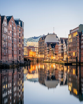 Hamburg Nikolaifleet canal and historic buildings at blue hour