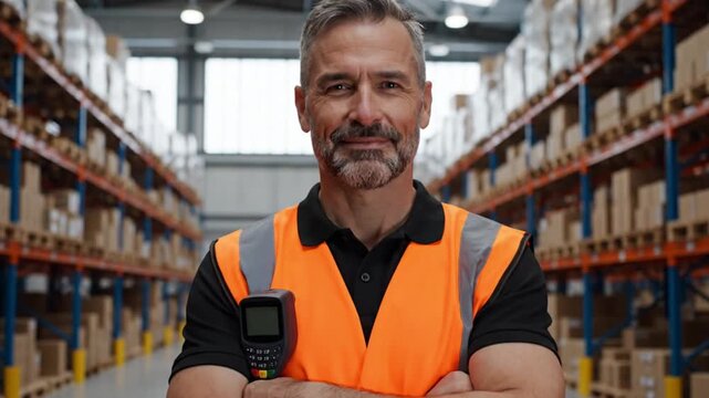 Confident Male Warehouse Manager Standing with Arms Crossed in Distribution Center