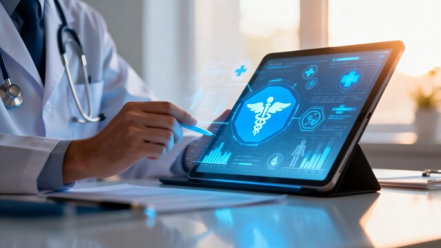 Doctor using digital tablet for medical data - Powered by Adobe