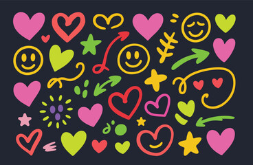 Fototapeta premium Colorful hearts and smiley faces doodles on a dark background