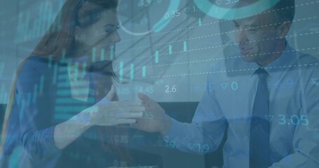 Animation of data processing over diverse business people wearing phone headsets - Powered by Adobe