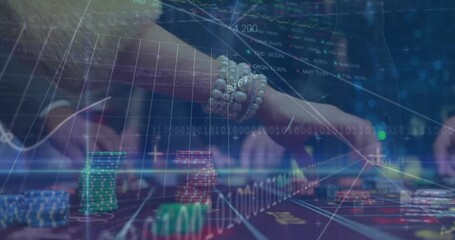 Animation of financial data processing and globe over diverse people in casino - Powered by Adobe