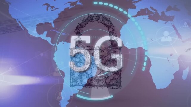 Animation of 5g text, map of world, padlock, data processing and flag of eu