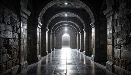 Obraz premium Symmetrical stone corridor with gothic arches and columns, polished floor reflecting overhead lights, aged walls, vaulted ceiling, deep perspective, dramatic lighting, mysterious and timeless mood.