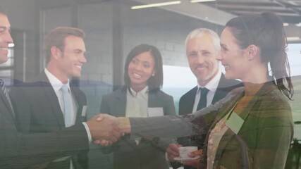 Animation of landscape over diverse business people - Powered by Adobe