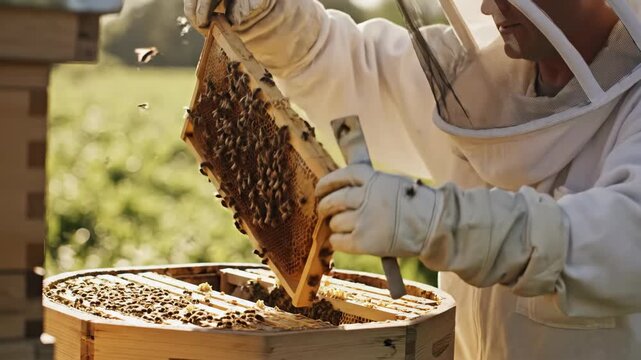 Beekeeper in protective suit tending to a beehive and inspecting honeycomb.