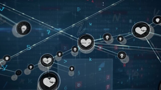 Animation of connected icons on symbols, letter, texts and numbers over hacker using computer