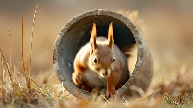 Squirrel in a pipe looking at the camera in the grass.
