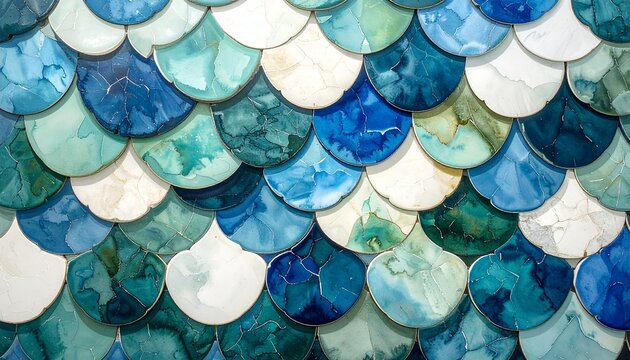 Overlapping scalloped tiles in fish-scale pattern, shades of blue, teal, green, and white, marbled watercolor texture, horizontal rows, organic flow, vibrant palette, decorative surface design.