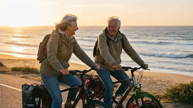 Happy senior woman and man laughing while riding bicycles along the coast at sunset, enjoying an active outdoor lifestyle.