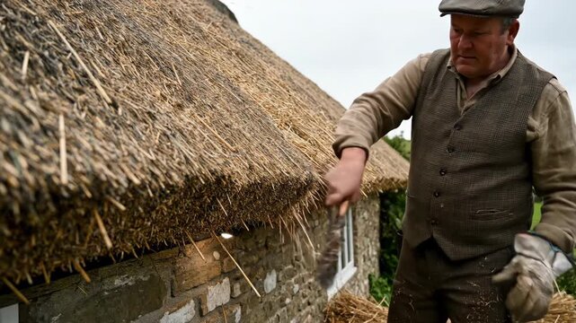 Thatcher working on a traditional thatched roof on a stone cottage.