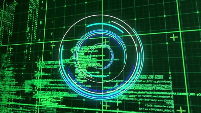 Animation of illuminated circles over grid pattern against computer language in background