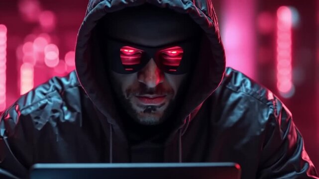 Hacker works on laptop in dark room with pink light at night in city atmosphere