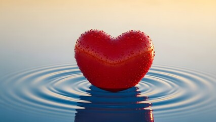 Fototapeta premium Red heart floating in calm water ripples. Peace and emotional wellness concept. Wet heart shape reflecting on blue liquid surface with sunset light