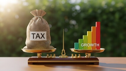 National tax and economic growth balance. Fiscal policy and budget planning. Scales weighing a heavy tax bag against a colorful rising growth bar chart outdoors