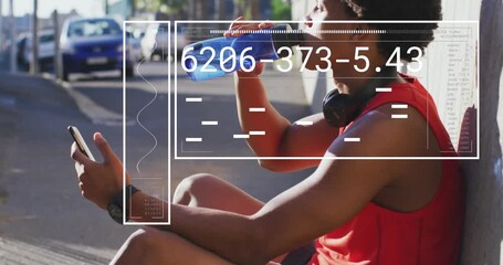 Animation of data processing over african american man drinking water during city run - Powered by Adobe
