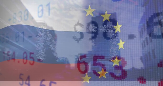 Animation of flags of russia and eu over stock market and cityscape