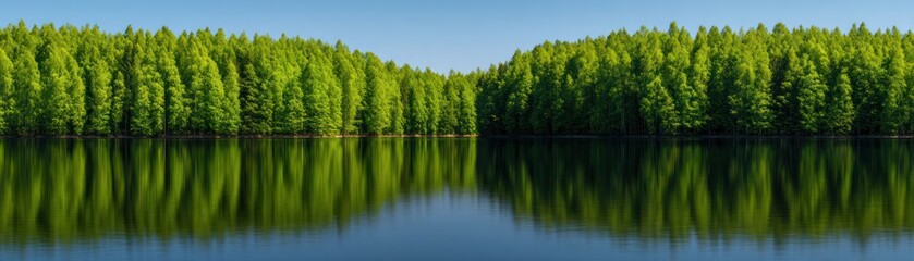 Obraz premium World Wetlands Day Panoramic View of Lush Green Forest Perfectly Reflected in Still Blue Lake Conservation Concept Wetlands Sustain the Planet Future Depends on Wetlands