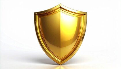 Golden shield with glossy reflective surface, symmetrical design, pointed bottom and curved top, centered on white background.