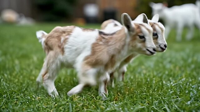 Adorable baby goats frolic in a lush green meadow on a sunny day.