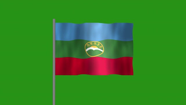 Flag of Karachay Cherkessia, Pole flag of Karachay Cherkessia on Green screen chroma key, Karachay Cherkessia 3D Animation flag waving in the wind isolated on Green Background. 
