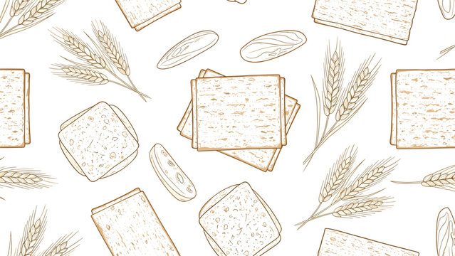 A seamless pattern of matzah bread and wheat ears in a delicate, hand-drawn line art style, perfect for Passover designs.