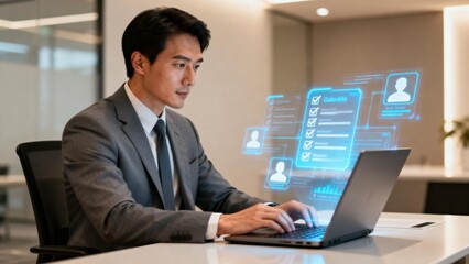 Businessman working on laptop with holographic interface